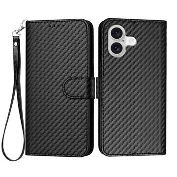 iPhone 17 Premium Wallet Case with Strap - Carbon Fiber Texture - Carbon Black