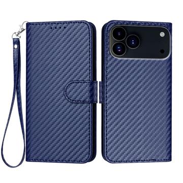 iPhone 17 Pro Max Premium Wallet Case with Strap - Carbon Fiber Texture - Carbon Blue