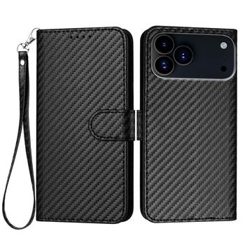 iPhone 17 Pro Premium Wallet Case with Strap - Carbon Fiber Texture - Carbon Black