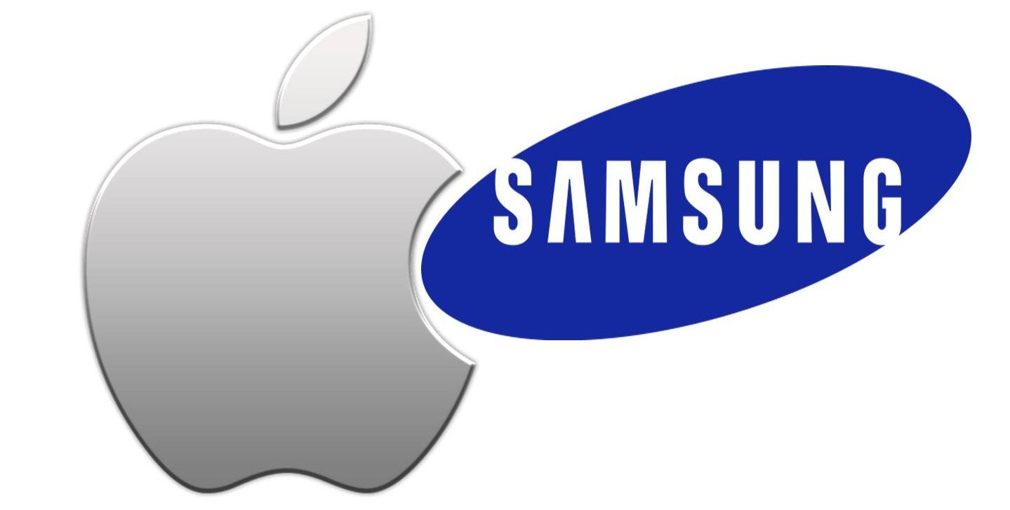 Apple logo biting the Samsung logo
