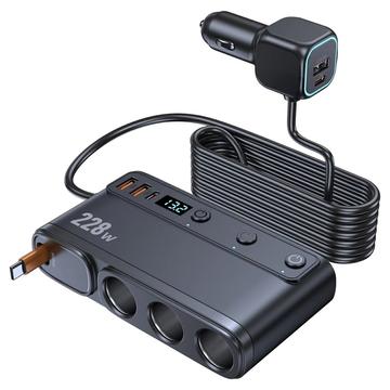 228W 9-in-1 Car Charger with Fast-Charging Cigarette Lighter Splitter with Independent Switches & LED Display - Black