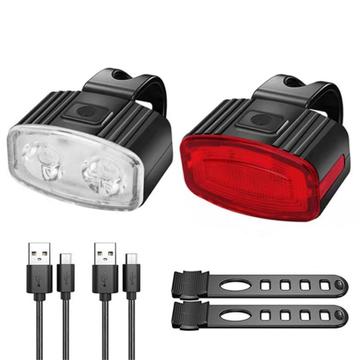 USB Rechargeable Bike Light Set Front Rear LED Bike Light USB Headlight Bicycle Tail Light - Red+White Set - 2 Pcs.