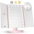 3-Side Foldable Makeup Mirror with 22 LED Lights - 1X/2X/3X/10X Magnification - Pink