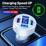 4-Port USB Car Charger with Digital Voltage Display - White