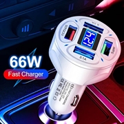 4-Port USB Car Charger with Digital Voltage Display - White