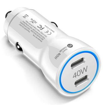 40W Dual USB-C PD Fast Car Charger with LED Light Ring - White