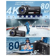 4K Ultra HD Digital Camcorder with Remote Control - 80MP, 18X Digital Zoom - Black