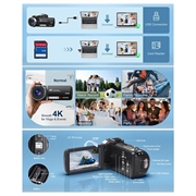 4K Ultra HD Digital Camcorder with Remote Control - 80MP, 18X Digital Zoom - Black