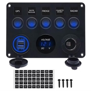 5-Gang Switch Panel with Voltmeter, USB Charger and Cigarette Lighter Socket for RV, Marine and Boat - Blue