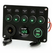 5-Gang Switch Panel with Voltmeter, USB Charger and Cigarette Lighter Socket for RV, Marine and Boat - Green