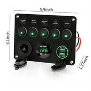 5-Gang Switch Panel with Voltmeter, USB Charger and Cigarette Lighter Socket for RV, Marine and Boat - Green