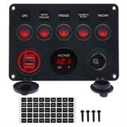 5-Gang Switch Panel with Voltmeter, USB Charger and Cigarette Lighter Socket for RV, Marine and Boat - Red