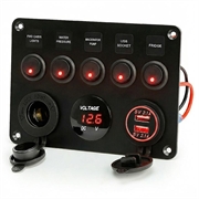 5-Gang Switch Panel with Voltmeter, USB Charger and Cigarette Lighter Socket for RV, Marine and Boat - Red