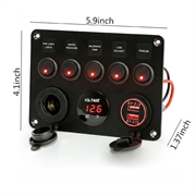 5-Gang Switch Panel with Voltmeter, USB Charger and Cigarette Lighter Socket for RV, Marine and Boat - Red