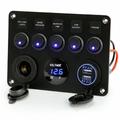 5-Gang Switch Panel with Voltmeter, USB Charger and Cigarette Lighter Socket for RV, Marine and Boat - Blue