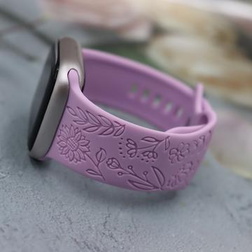 Apple Watch Series 11/10/9/8/SE 3/SE (2022)/7/SE/6/5/4/3/2/1 Floral Engraved Silicone Strap - 42mm/41mm/40mm/38mm - Lavender Purpl
