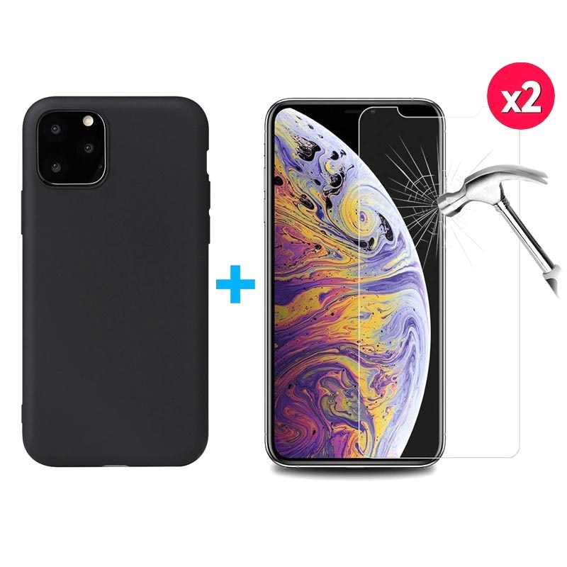 iPhone 11 Case w/ 2x Tempered Glass Screen Protector - Black