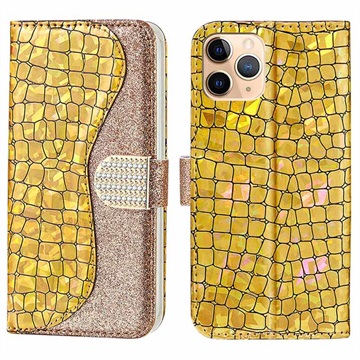 Croco Bling Series iPhone 13 Pro Wallet Case - Gold