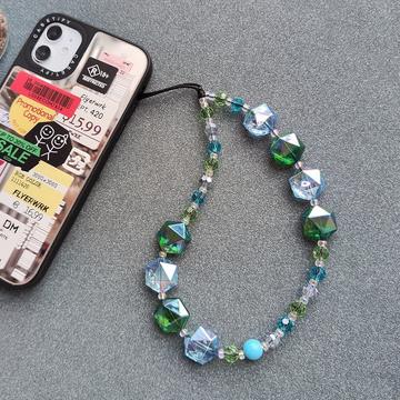 Crystal Beaded Phone Wrist Strap - 30cm - Green / Blue
