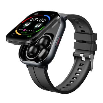 D12 2-in-1 Smartwatch with Clip-On Wireless Earphones - Silicone Strap - Black