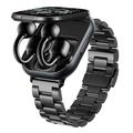 D12 2-in-1 Smartwatch with Clip-On Wireless Earphones - Stainless Steel Strap - Black