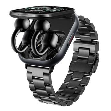 D12 2-in-1 Smartwatch with Clip-On Wireless Earphones - Stainless Steel Strap - Black