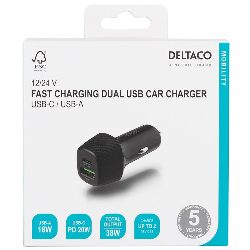 Deltaco Fast Charging Dual USB Car Charger 36W Black