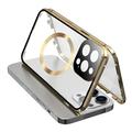 Dual-Sided Tempered Glass+Magnetic Metal Frame Anti-Drop Case for iPhone 15 Compatible with MagSafe Phone Cover with Buckle Lock - Gold