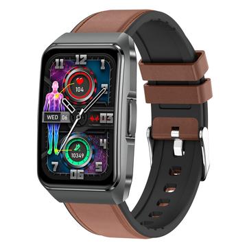 ET650 Smart Watch with Body Temperature, Health Monitor and Bluetooth Calling - Leather & Silicone Strap - Brown