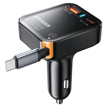 Essager 65W Fast Car Charger with Retractable USB-C Cable - Black