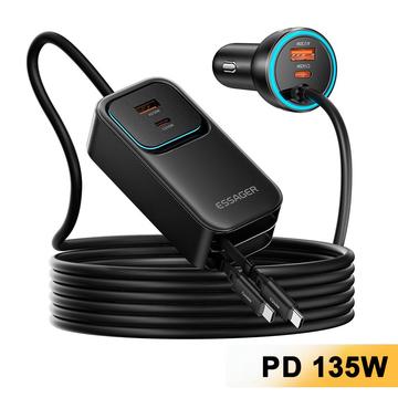 Essager F789 135W Rear-Seat Car Charger - 2x USB-C Cables, 4x USB-C / 2x USB-A inputs - 1.5m - Black