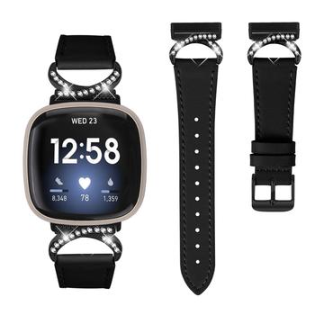 Fitbit Versa 3/Sense Elegant Leather Strap with Rhinestones - Black