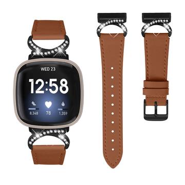 Fitbit Versa 3/Sense Elegant Leather Strap with Rhinestones - Brown