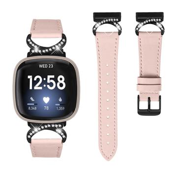 Fitbit Versa 3/Sense Elegant Leather Strap with Rhinestones - Pink