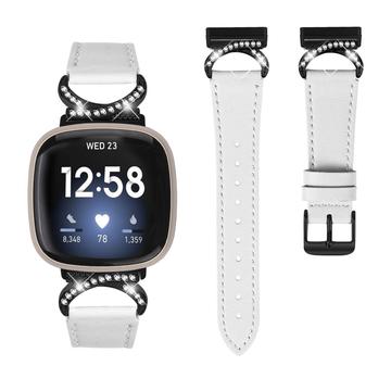 Fitbit Versa 3/Sense Elegant Leather Strap with Rhinestones - White