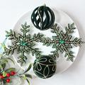 Flocked Christmas Ball/Snowflake Ornament Set – 8cm/16cm - 10 Pcs. - Green