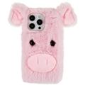 Fluffy Plush iPhone 14 Pro Max Hybrid Case - Pink Pig