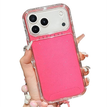 iPhone 17 Pro Glitter Shockproof Hybrid Case with Wrist Strap - Hot Pink