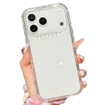 iPhone 17 Pro Glitter Shockproof Hybrid Case with Wrist Strap - Transparent
