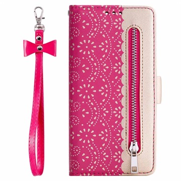 Lace Pattern Samsung Galaxy A21s Wallet Case with Stand Feature - Hot Pink
