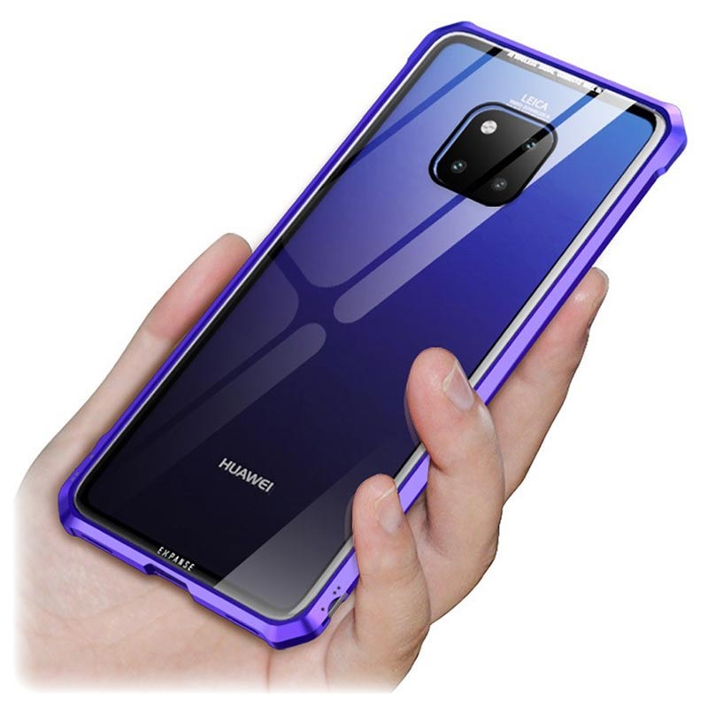 Huawei Mate 20 Pro Metallic Bumper w/ Tempered Glass Back - Purple