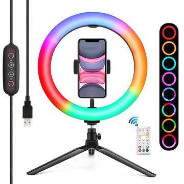 PULUZ 10" 26cm Marquee LED RGBWW Light + Desktop Tripod Mount 168 LED Dual-color Temperature Dimmable Ring Lights with Tripod & Remote Control & Phone Clamp