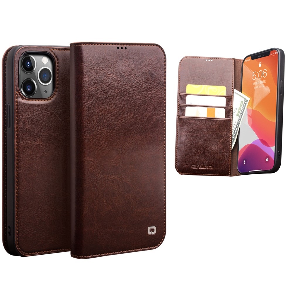 Qialino Classic iPhone 12 Pro Max Wallet Leather Case Brown