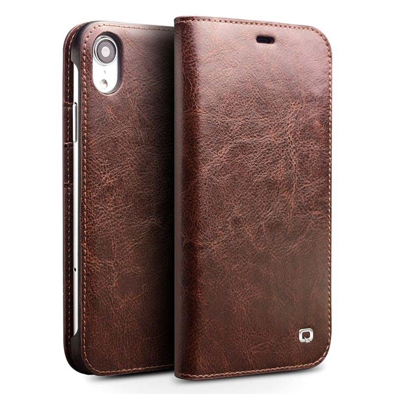 Qialino Classic iPhone XR Wallet Leather Case Brown