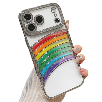 iPhone 17 Pro Max Rainbow Quicksand Hybrid Case with Rhinestone Camera Decor - Silver