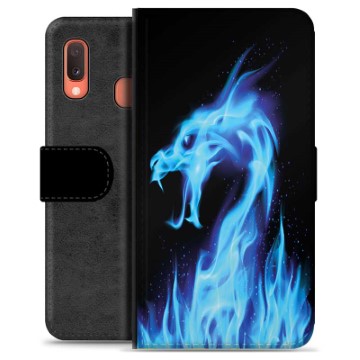 Samsung Galaxy A20e Premium Wallet Case - Blue Fire Dragon