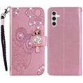 Samsung Galaxy A55 Owl Rhinestone Wallet Case - Rose Gold