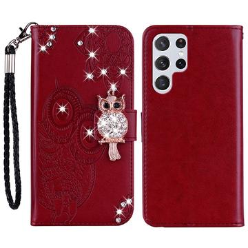 Samsung Galaxy S24 Ultra Owl Rhinestone Wallet Case - Red
