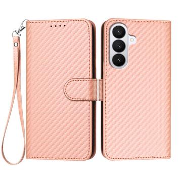 Samsung Galaxy S26 Pro Premium Wallet Case with Strap - Carbon Fiber Texture - Carbon Pink