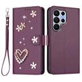 Samsung Galaxy S26 Ultra Hearts and Flowers Wallet Case - Dark Purple
